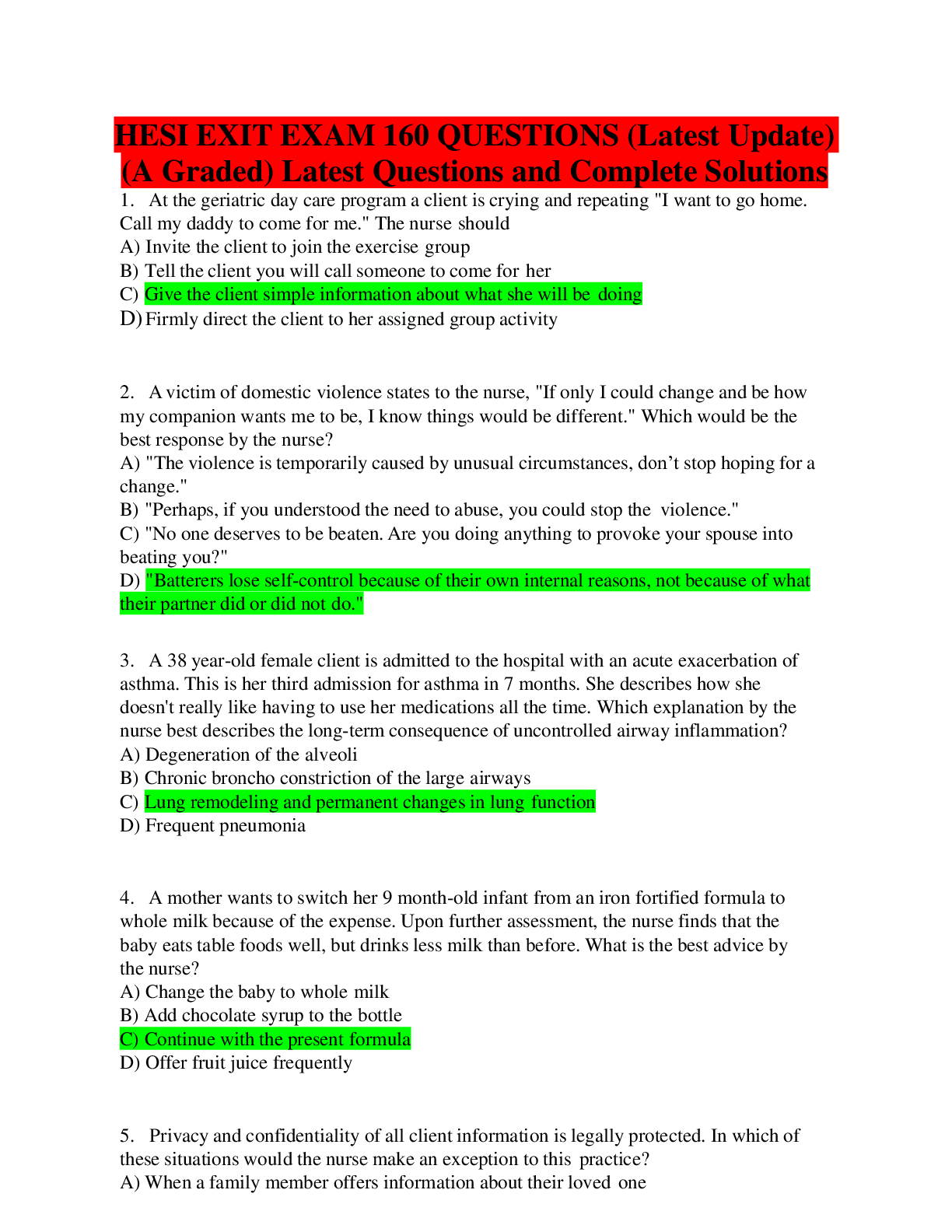 Preview image for HESI EXIT EXAM 160 QUESTIONS (Latest Update) (A Graded) Latest Questions and Complete Solutions
